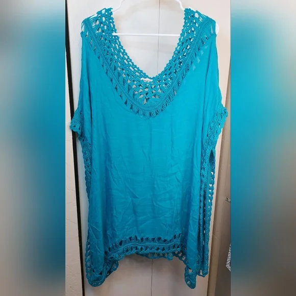 Swimsuit Coverup Batwing Sleeves Crochet Lace Edging Resort Vacay Beach Vacation - Picture 10 of 10